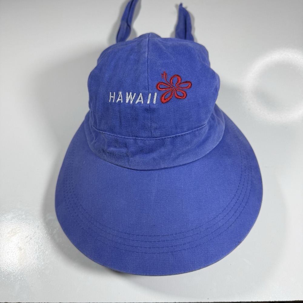 Hawaiian Headwear Vintage Hawaii Sun Hat Blue Canvas Wide Brim Floral Tie Back